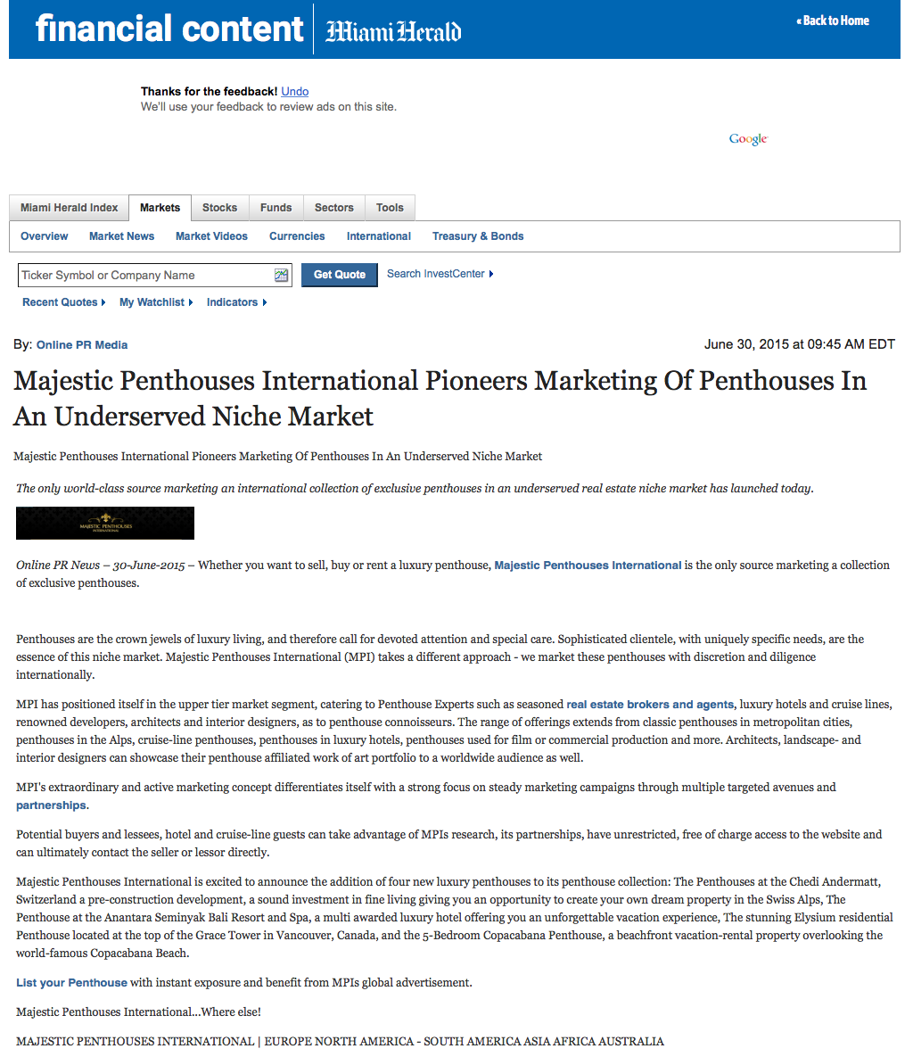 Miami Herald announces the global launch of Majestic Penthouses International