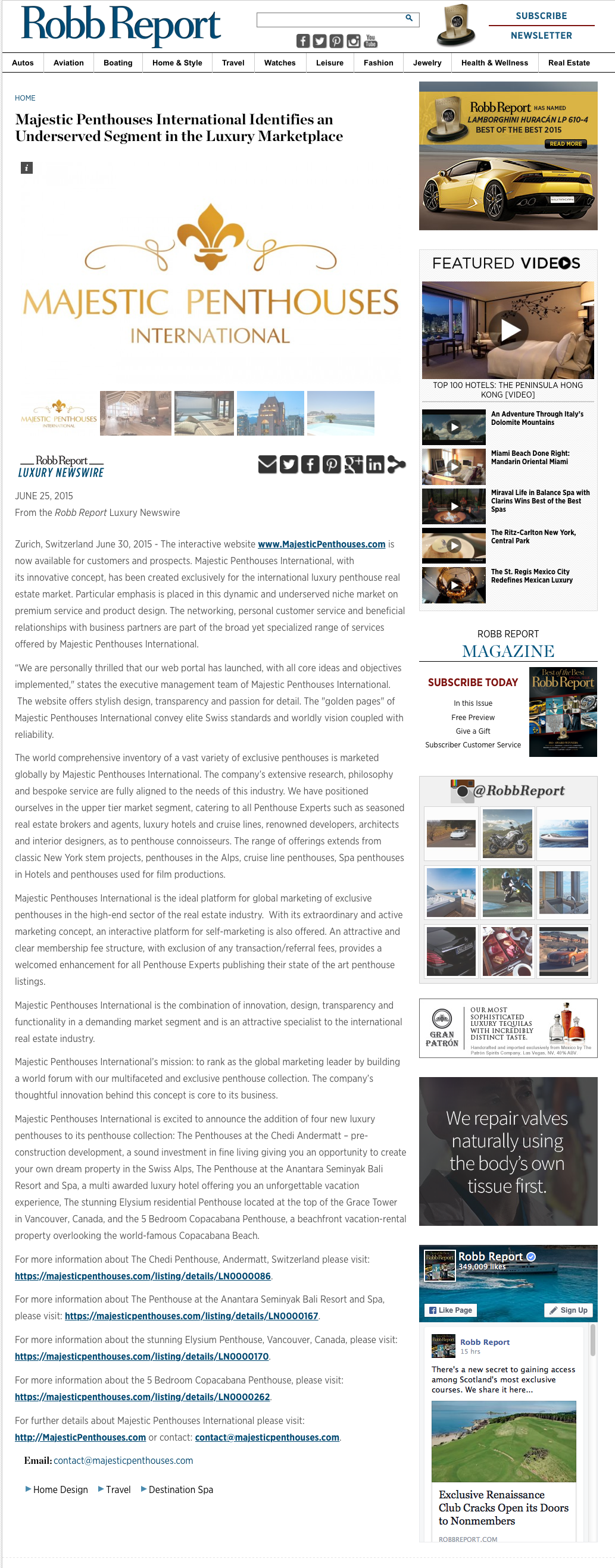 Robb Report Magazine announces MPI’s global launch