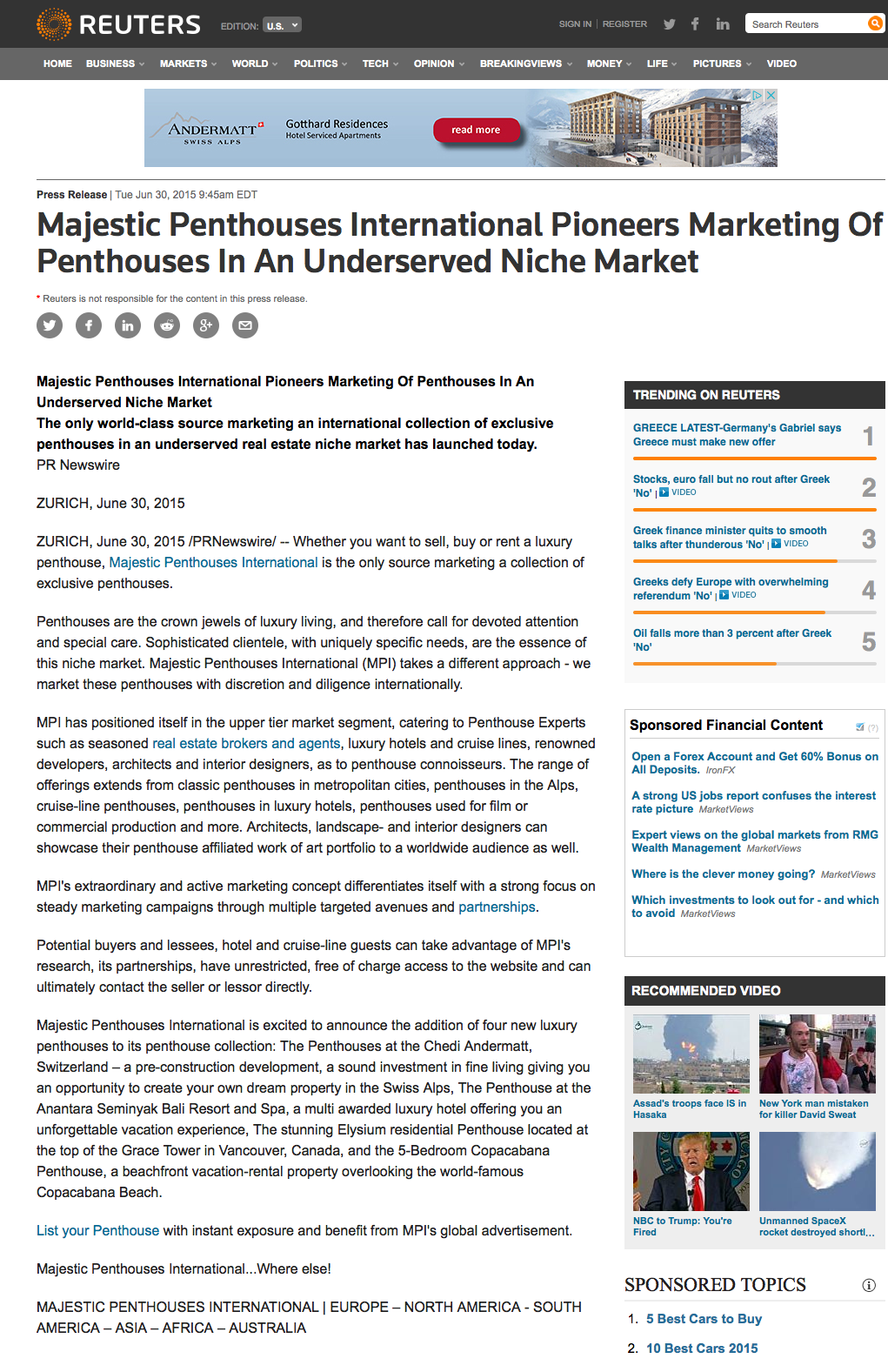 REUTERS announces the global launch of Majestic Penthouses International